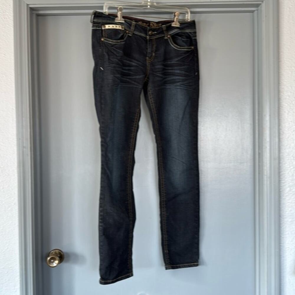 Antique Rivet Women's Jeans Dark Blue Wash Embroidery Leather Trim sz 32